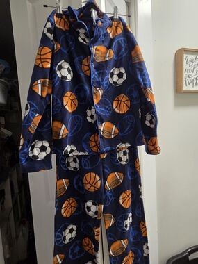 Kids Navy Blue Sports Fleece Pajama Set - Cozy Button-Front Top & Pants